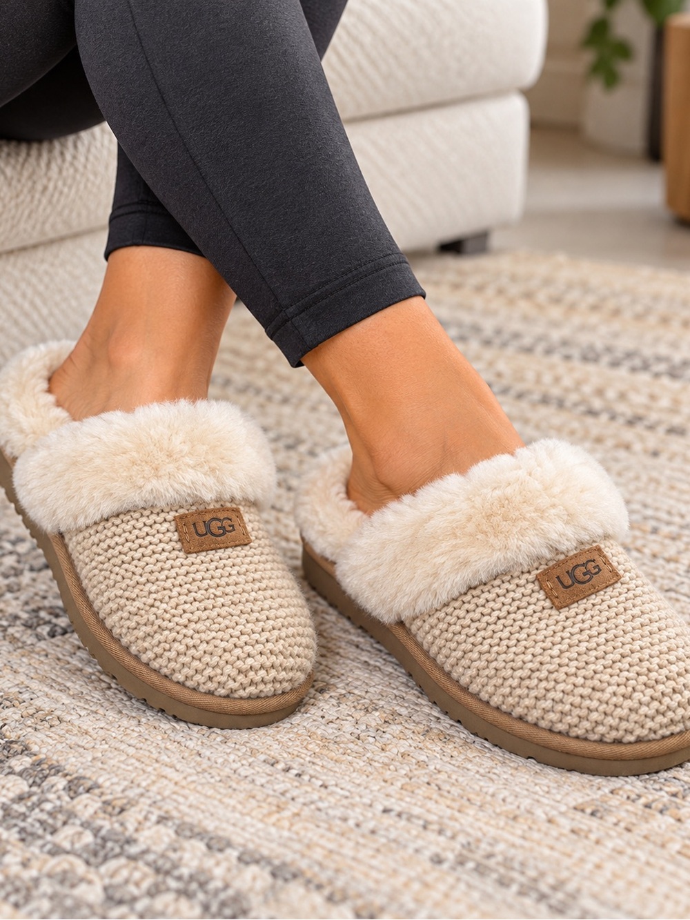 UGG Women's Knit Shearling Clog Slippers - Cream/Tan